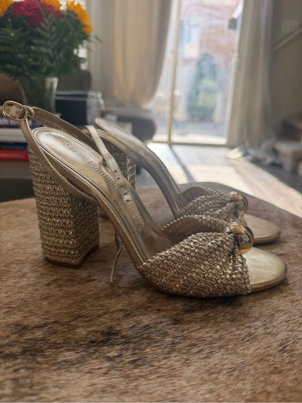 Steve Madden Metallic Gold Braided Block Heel Sandals with Knot and Orb Detail - Picture 3 of 9